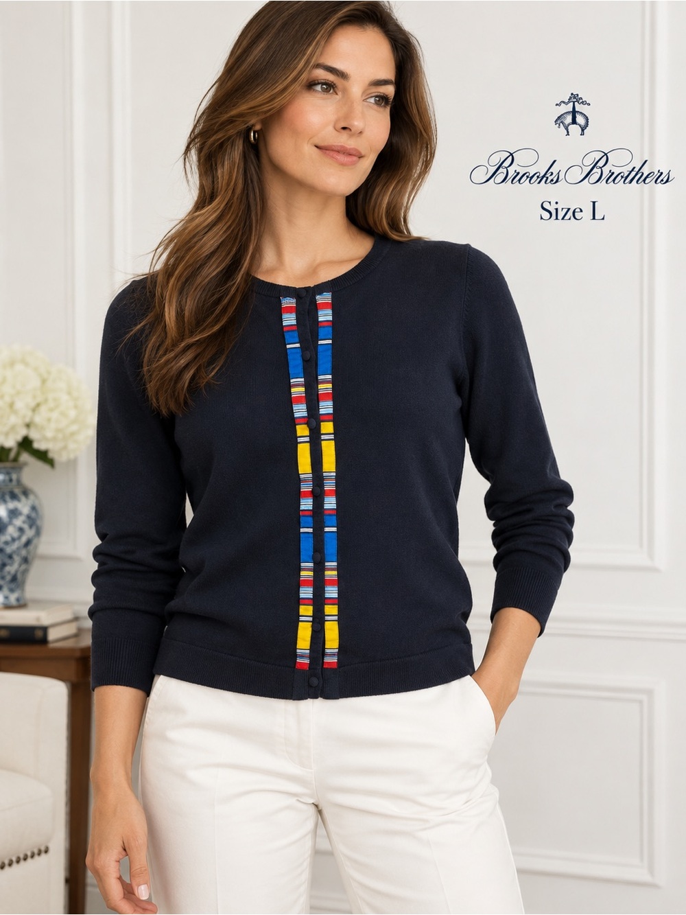 Brooks Brothers Supima Cotton Navy Cardigan Size L Multicolor Ribbon Trim